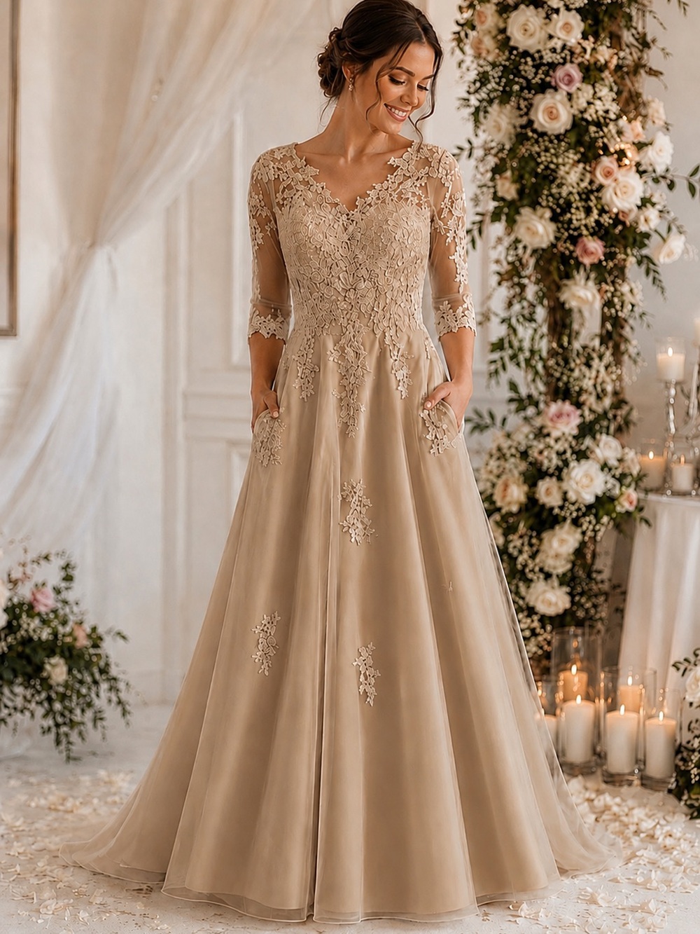 Elegant Lace A-Line Wedding Dress in beige